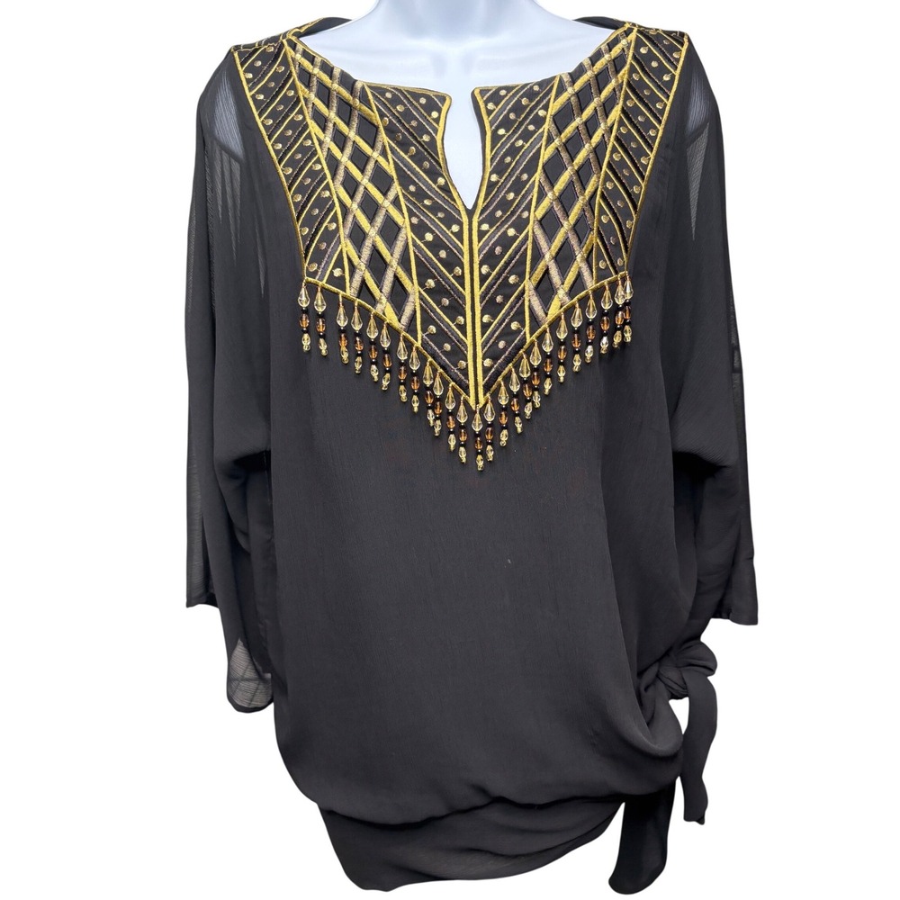 BOB MACKIE Wearable Art Black Gold Beaded Embroidered Fringe Blouse Sz M Tie Hem